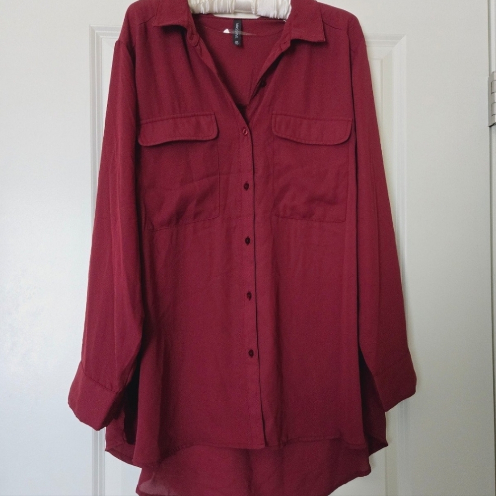 Women's plus size button down maroon long sleeve blouse top 2x
